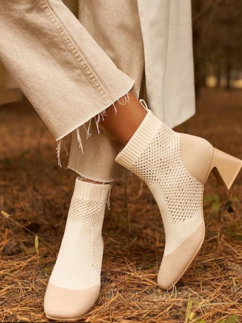 Vivaia neutral Cream Knit Sock Booties with Block Heel